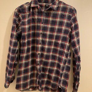 Orange and Navy Plaid Flannel Button Down UNIQLO Shirt Size S